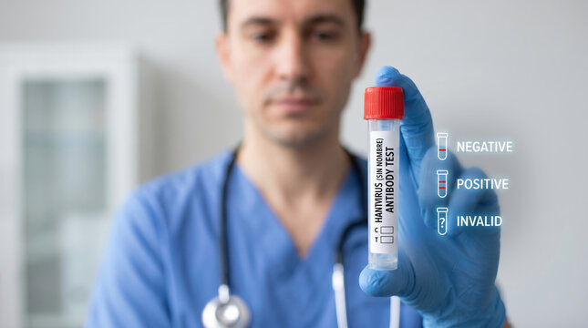 Doctor holding Hantavirus Sin Nombre antibody test tube. Medical professional in blue scrubs showing positive and negative diagnostic results. Infectious disease laboratory screening concept