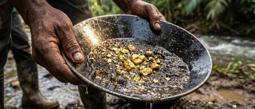 Dirty hands holding a pan with raw gold nuggets. Artisanal miner panning for gold in a jungle river. Discovery of precious metal concept