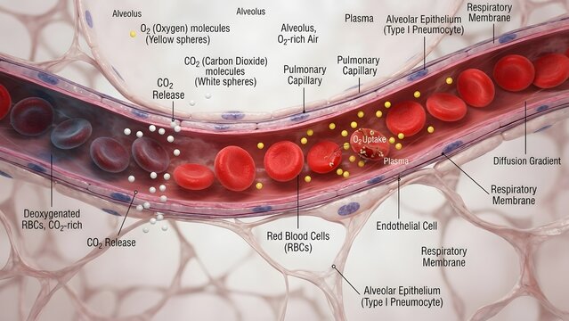 Microscopic view of the pulmonary alveoli and capillaries showing gas exchange, oxygen uptake, and carbon dioxide release.