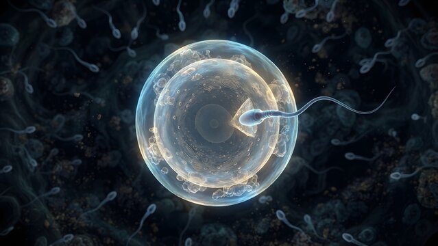 Fertilization of an egg cell by a sperm cell in a microscopic view