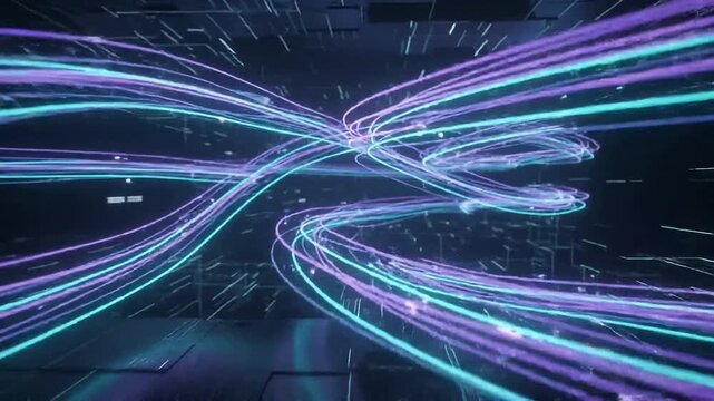 Digital data stream flowing through fiber optic cables in cyberspace network infrastructure