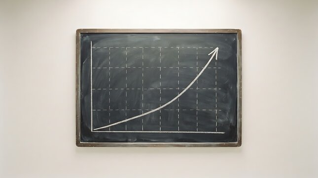Blackboard displays exponential growth curve against white wall emphasizing mathematical progression and upward trend.