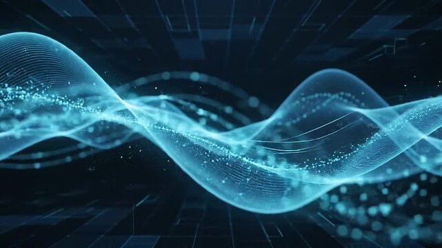 Digital wave data flow visualization with glowing particles in cyberspace and futuristic tech background
