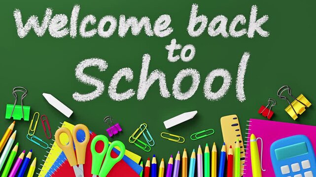 Chalkboard greeting with a vibrant border of school supplies.