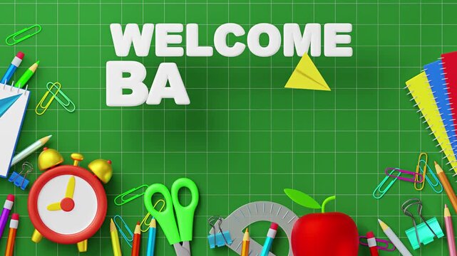 Playful school stationery and 3D greeting text animation.