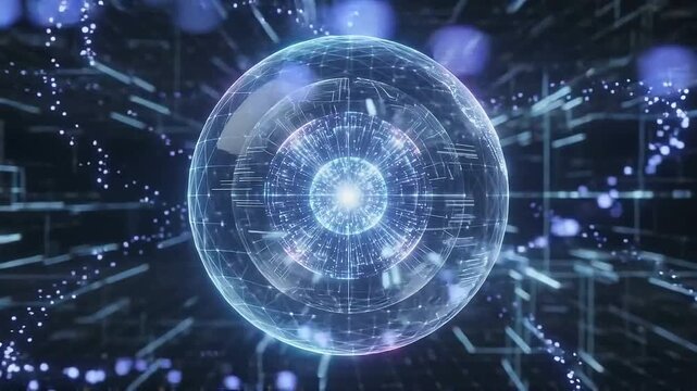 Futuristic digital sphere glowing with cybernetic data streams and intricate holographic energy patterns inside a complex virtual cyberspace environment for technology concept