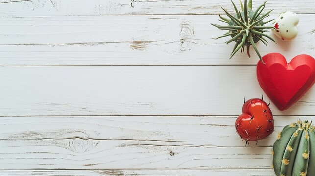 A whitewashed wooden surface showcases Valentine-themed decor items including hearts and cute figurines in the corner