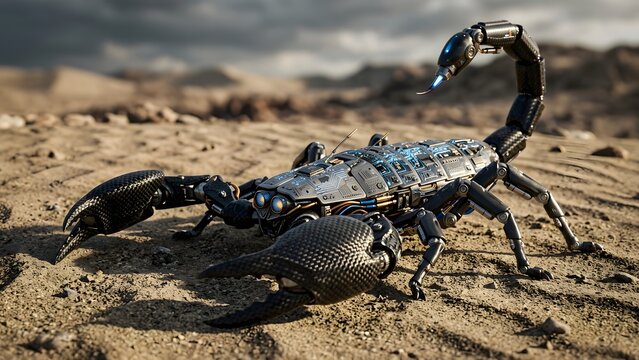 A realistic mechanical scorpion cyborg with glowing blue lights, posed in a desert environment with sandy terrain.