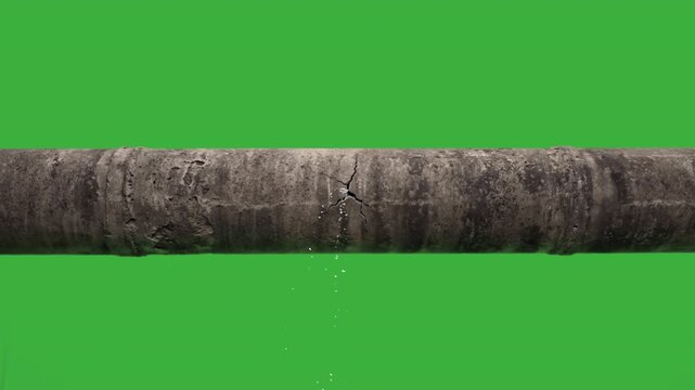 Concrete water pipe cracked and leaking green screen