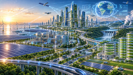 Fototapeta premium Title: Futuristic Smart City Concept with Renewable Energy Infrastructure