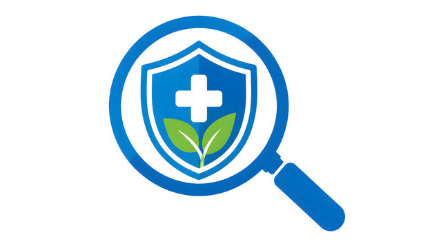 A blue magnifying glass vector icon frames a medical shield featuring a white cross and green leaves on a solid white background.