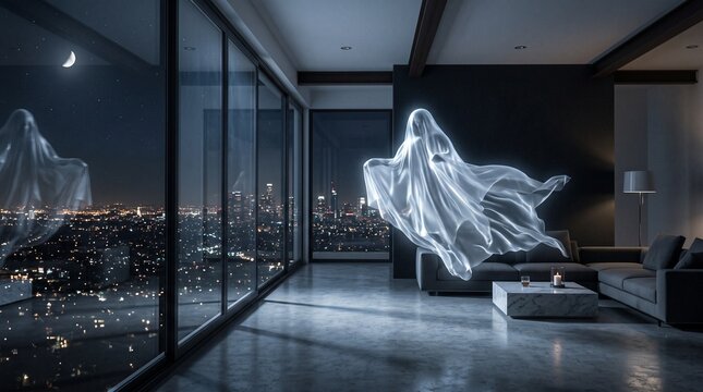 White Silk Sheet Floating in Modern Living Room