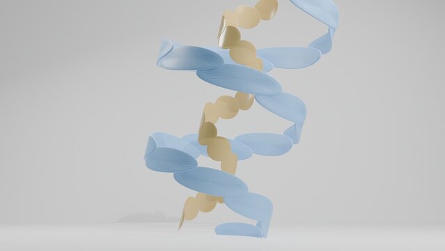 Abstract 3D Render Geometric Double Helix Spiral in Pastel Blue and Gold Colors