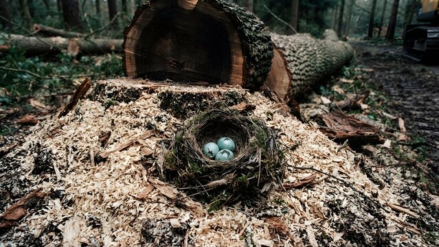 Bird's nest with blue eggs on a pile of wood chips next to a felled tree