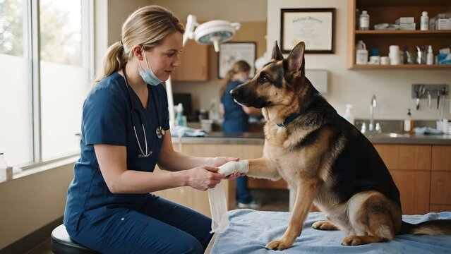 Veterinarian bandaging the paw of a German Shepherd dog during an examination at a clinic
