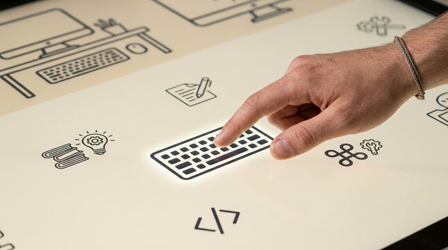 Close up of a male hand touching a glowing keyboard icon on a modern touch screen interface with various line art icons for business and technology