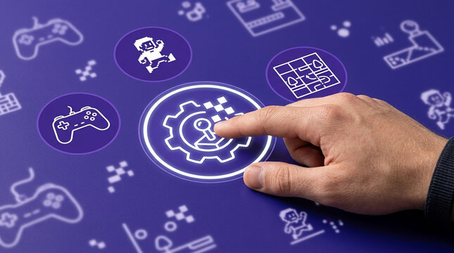 Interactive Digital Interface for Video Game Development and Creative Software Design Concept Featuring a Human Hand and Gaming Icons on Background