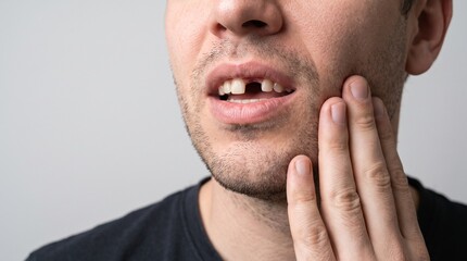 Fototapeta premium Man Experiencing Severe Toothache Pain Due To A Missing Front Tooth Dental Problem