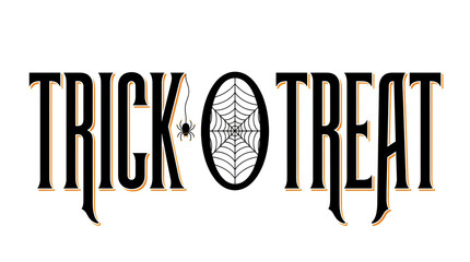 Elegant "Trick or Treat" typography with a detailed spider web and a small hanging spider, perfect for Halloween season decorations and festive designs. © Tanias Design
