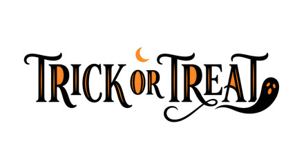 Whimsical 'Trick or Treat' typography design, featuring a playful script font, a small crescent moon, and a cute ghost silhouette, perfect for festive Halloween themes. © Tanias Design