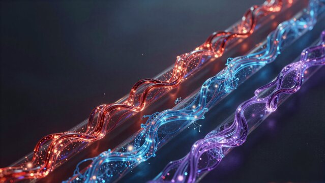 Three glowing, colorful DNA strands twist against a dark, textured background.