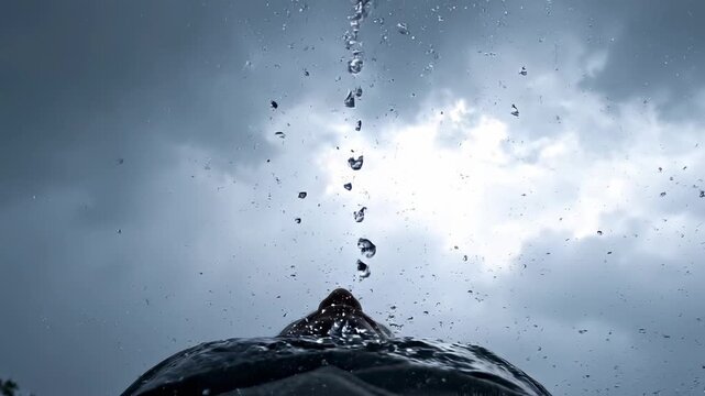 Close-up of water splashing upwards, creating numerous droplets against a moody, overcast sky before a storm.
