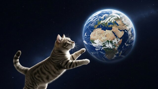 Funny Tabby Cat Playing with Planet Earth in Outer Space