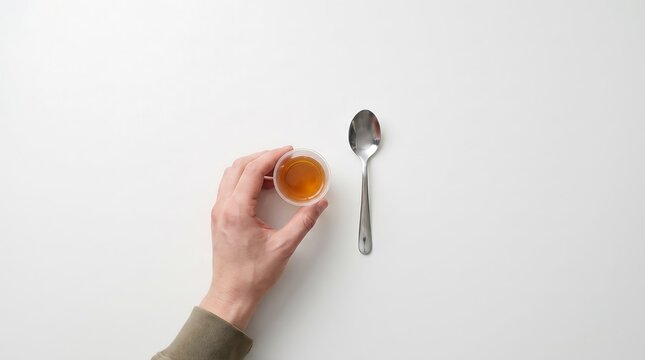 Hand holding a small cup of cough syrup with a spoon on white