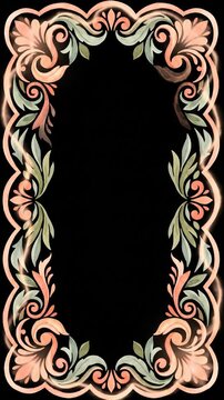 Elegant ornamental floral frame with shimmering light sweep on black background