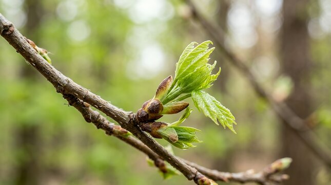 Detailed Macro Focus of Deciduous Tree Nodes Unfolding into Fresh Spring Foliage chestnut bud leaf tree branch spring growth nature closeup detail macro green fresh background foliage outdoor wild