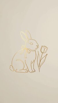 Golden line art Easter bunny sitting next to a tulip flower on a cream background.
