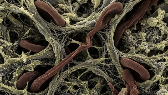 Scanning electron micrograph of red blood cells trapped within a fibrin mesh, illustrating the early stages of blood clot formation.
