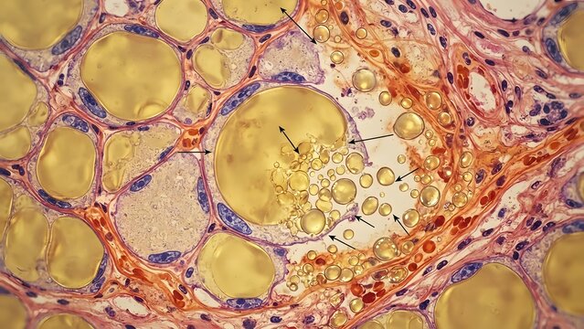 Microscopic view of adipose tissue showing adipocytes with large lipid droplets and some smaller ones indicated by arrows.