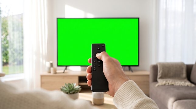 Person holding remote control in front of TV with green screen