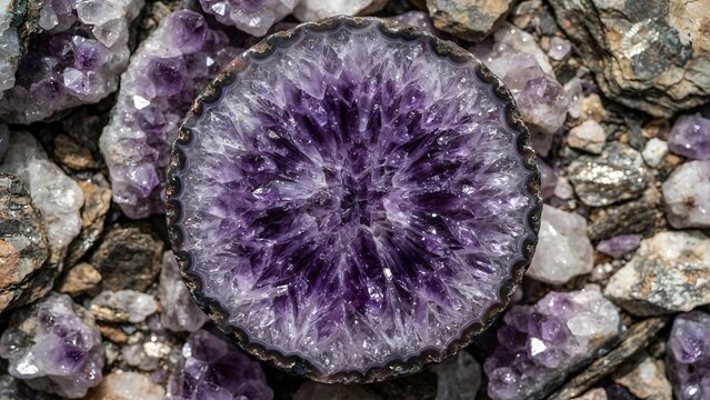 Close-up overhead view of a sliced amethyst geode with intricate crystalline formations, surrounded by rough amethyst stones and rocks.