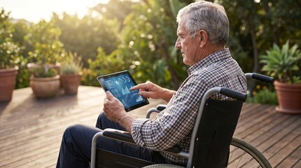 Fototapeta premium Elderly caucasian man in wheelchair using telehealth portal on tablet, sitting on sunny outdoor porch, modern senior independence, accessible healthcare, lifestyle