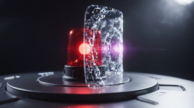 Emergency red strobe siren light shining through transparent textured glass with dramatic lens flare and dark background