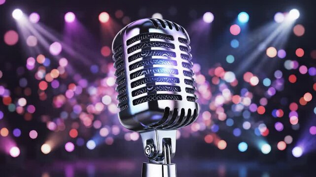 Vintage Microphone on Stage with Bright Bokeh Lights and Spotlights.