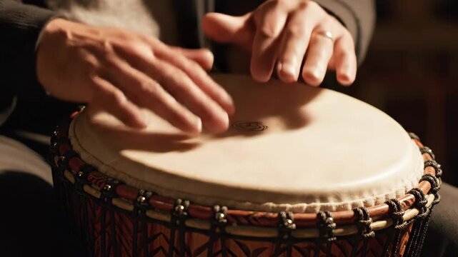 Close-up of hands playing a djembe drum, rhythmic percussion performance.