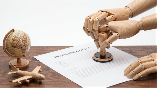 Wooden hands seal insurance policy, globe and airplane hinting global travel protection.