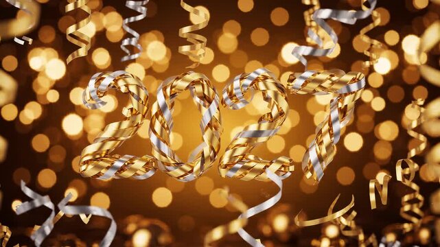 Dynamic 2027 New Year celebration animation featuring golden and silver ribbons with sparkling bokeh lights.