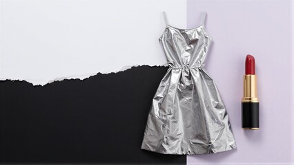 Fototapeta premium Silver dress and red lipstick on torn black-white background.