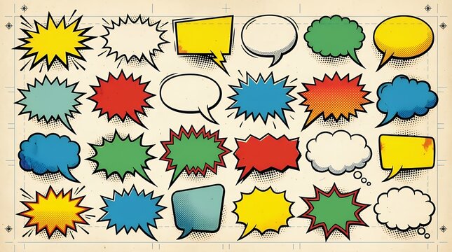 Collection of retro graphic novel exclamation containers in assorted dimensions for dialogue and expressive text layouts speech bubbles comic book retro graphic novel pop art dialogue cartoon