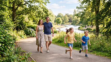 Fototapeta premium Family enjoying a sunny day walking and running in a beautiful park by the lake