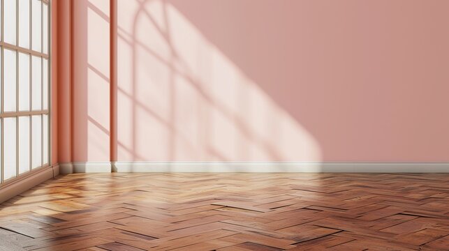 Bright Empty Room with Large Window Casting Shadows Across Pink Walls and Wooden Floor