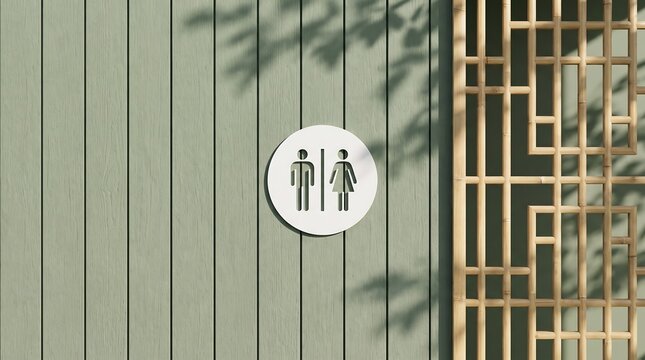 Minimalist Restroom Signage on Sage Green Wood Panel Wall