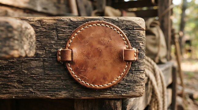 A detailed close-up shot of a flame-circle leather patch meticulously stitched onto a weathered wooden beam outdoors in a rustic setting.