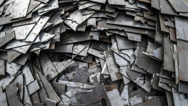 A pile of sharp, jagged scrap metal sheets and pieces, representing industrial waste or recycling.