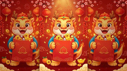 Naklejka premium Cheerful lunar cycle animal character holding a traditional crimson packet overflowing with treasure tokens and wealth symbols for a seasonal celebratory placard monkey zodiac red-envelope gold ingot