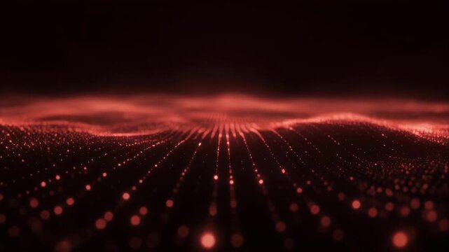 Abstract digital landscape with glowing red dots and lines on dark background